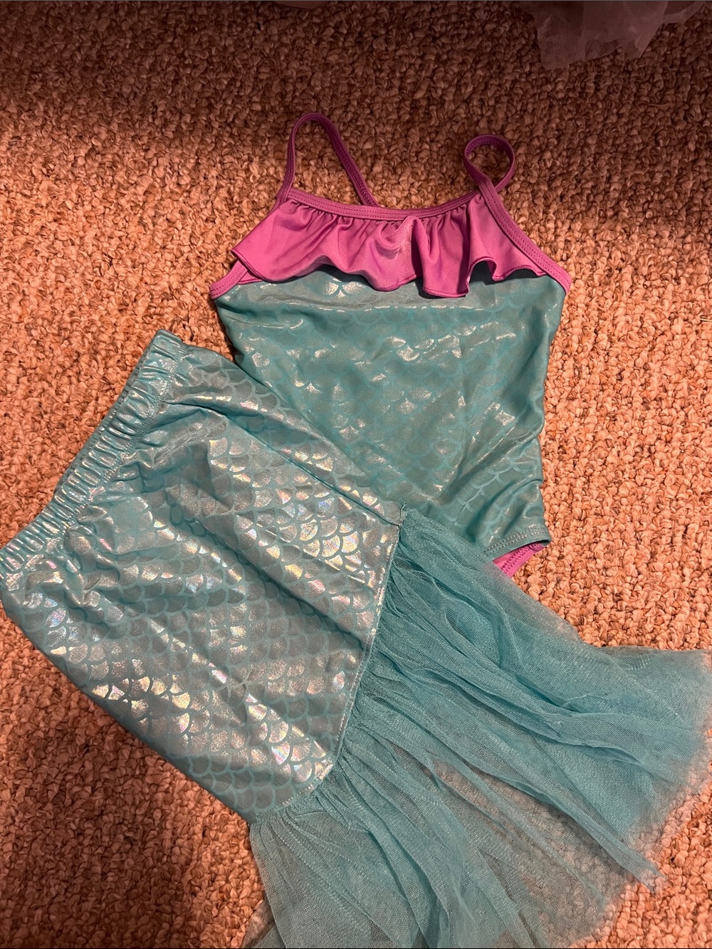 Kids One-Piece Swim Suit with Mermaid Skirt - Purple & Teal